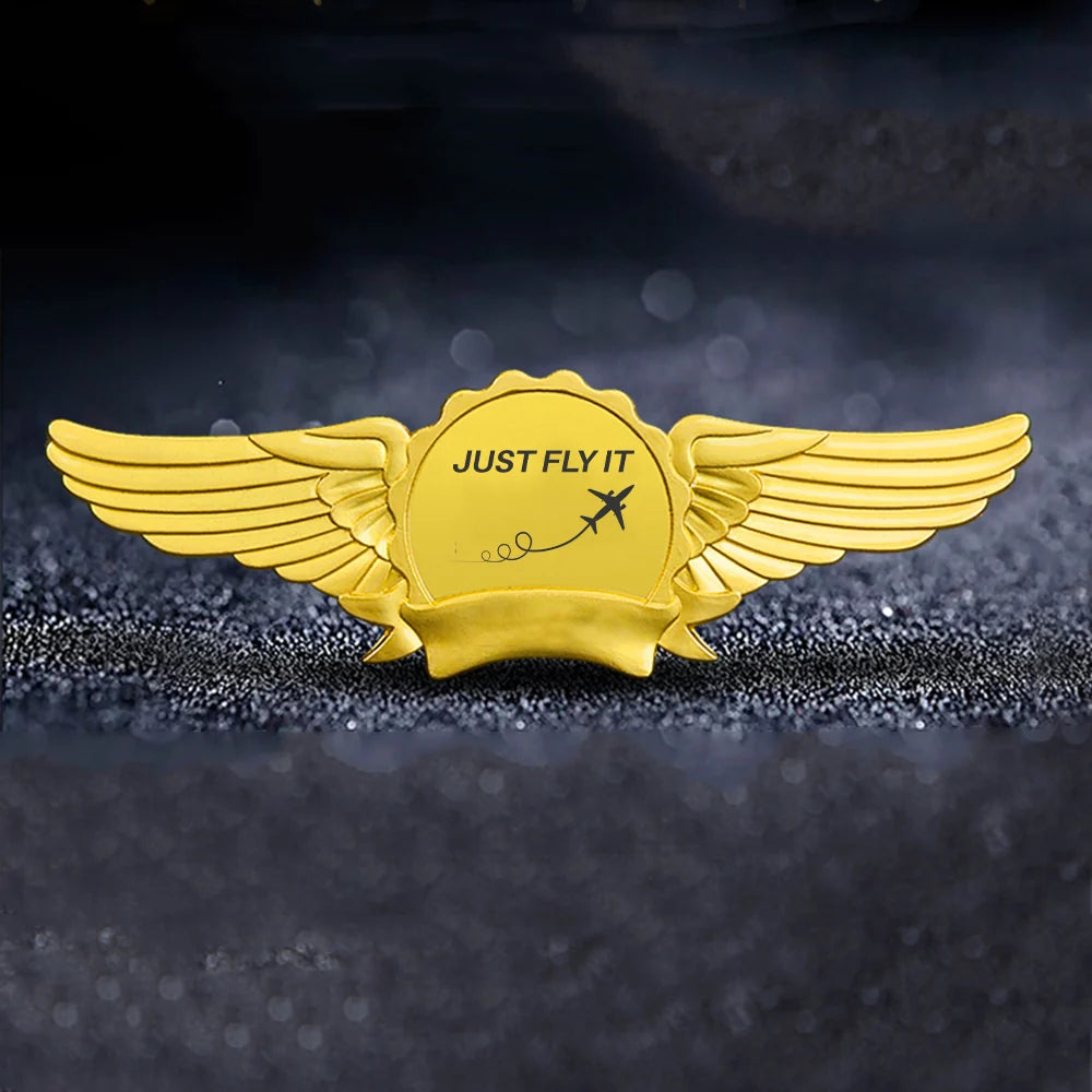 Just Fly It aviation badge in polished metal.