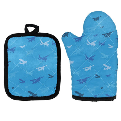 Many Propellers Kitchen Glove & Holder aviation design on durable fabric with insulated lining kitchen glove holder.