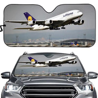 Thumbnail for Departing Lufthansa's A380 aviation design on reflective polyester car sun shade.