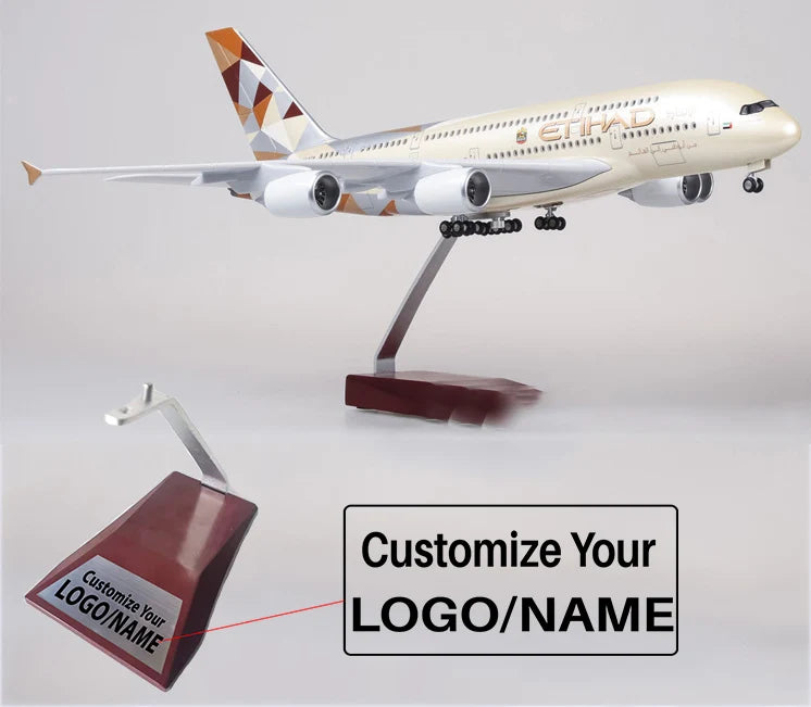 Side view of Etihad Airways Airbus A380 Airplane Model (1/160 Scale) aviation LED model airplane in diecast metal with LED li.