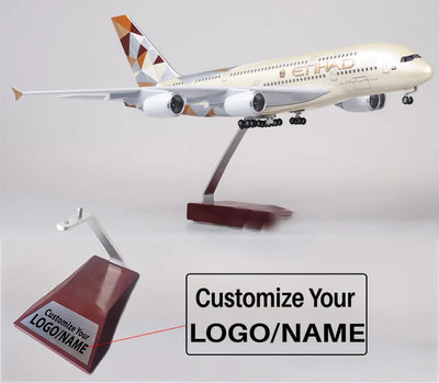 Side view of Etihad Airways Airbus A380 Airplane Model (1/160 Scale) aviation LED model airplane in diecast metal with LED li.