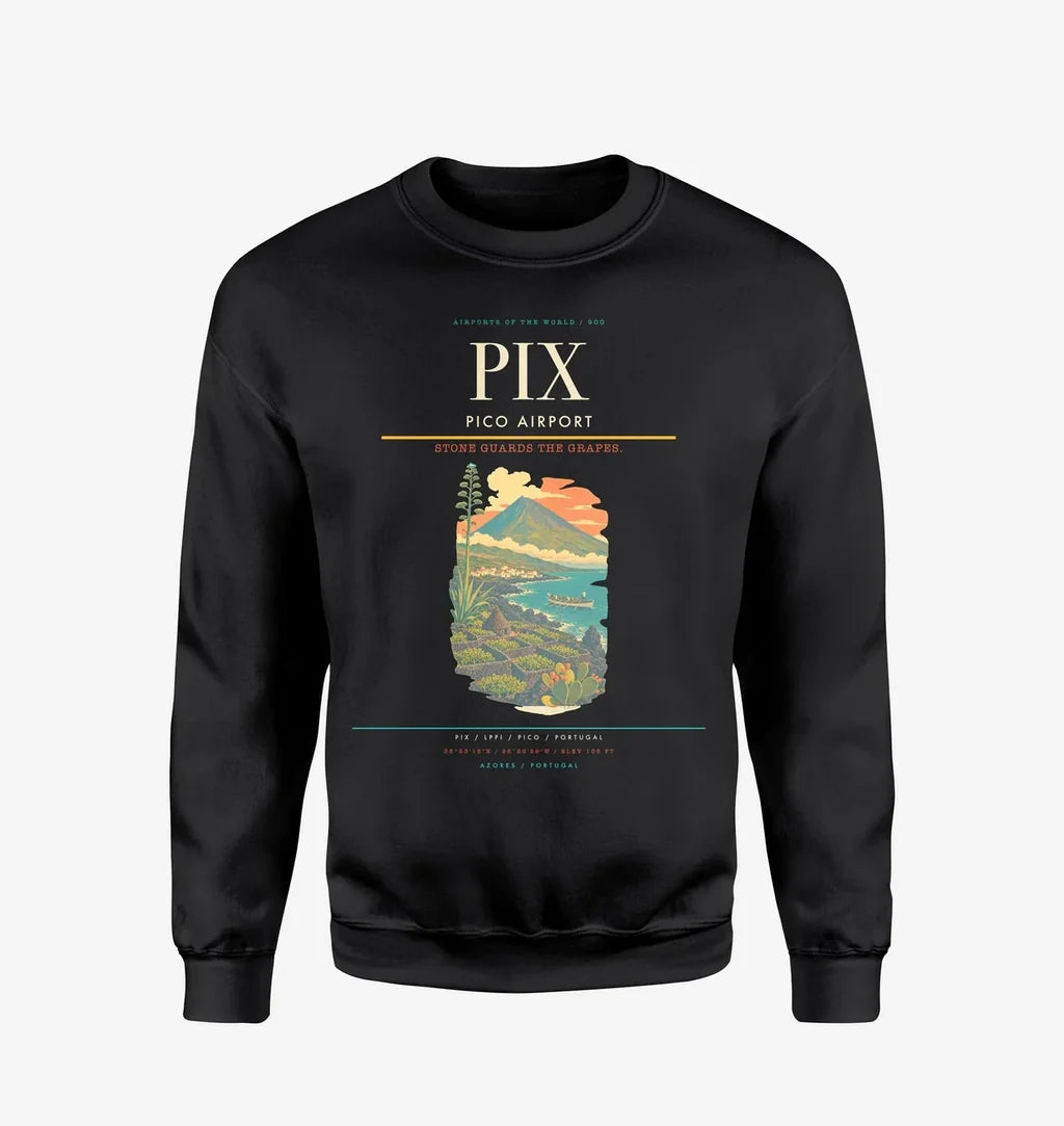Pico Airport (PIX) design on black sweatshirt