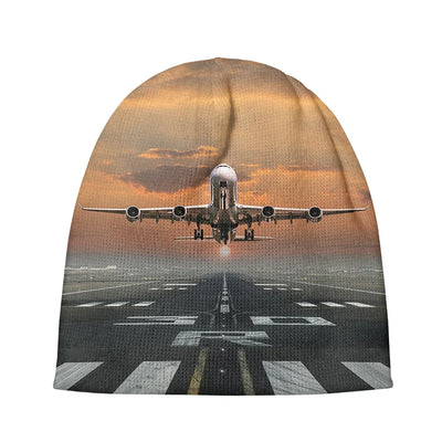 Aircraft Departing from RW30 aviation embroidery on soft knit fabric 3D knit beanie.