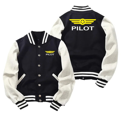 Pilot & Badge Baseball Style aviation design printed on two-tone shell with ribbed cuffs baseball jacket.