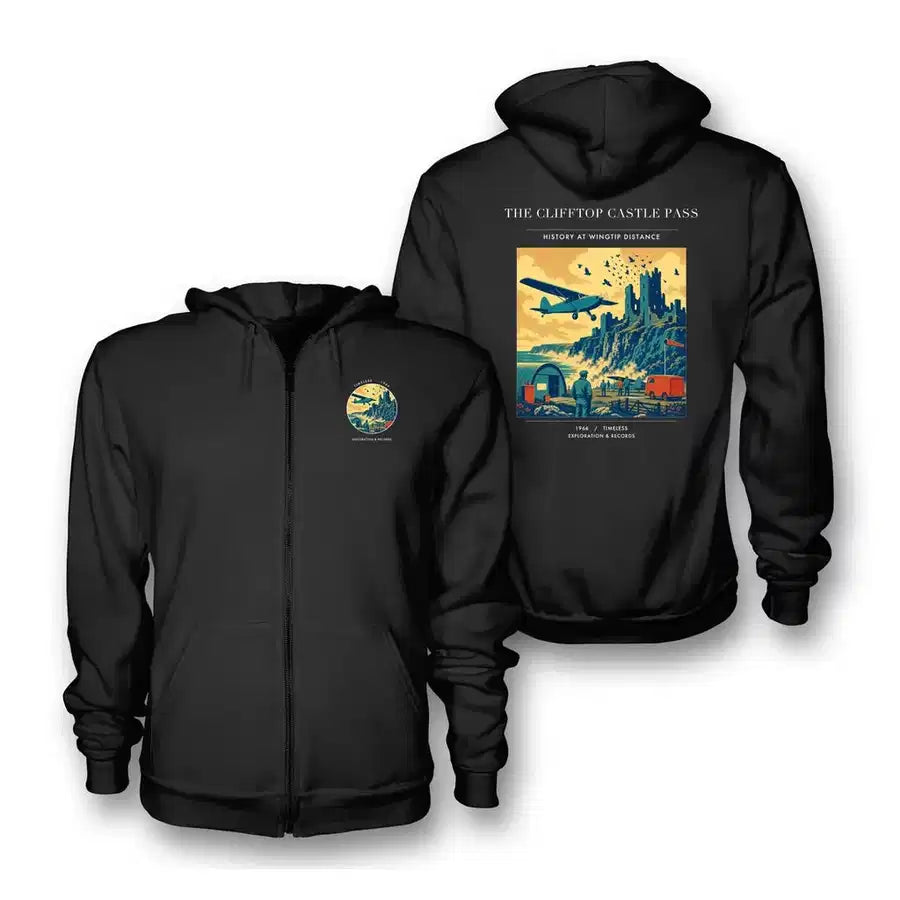 VINTAGE G4447 - The Clifftop Castle Pass - Premium Zipped Hoodie design on black