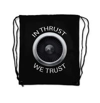 Thumbnail for In Thrust We Trust aviation design drawstring bag, lightweight polyester construction.