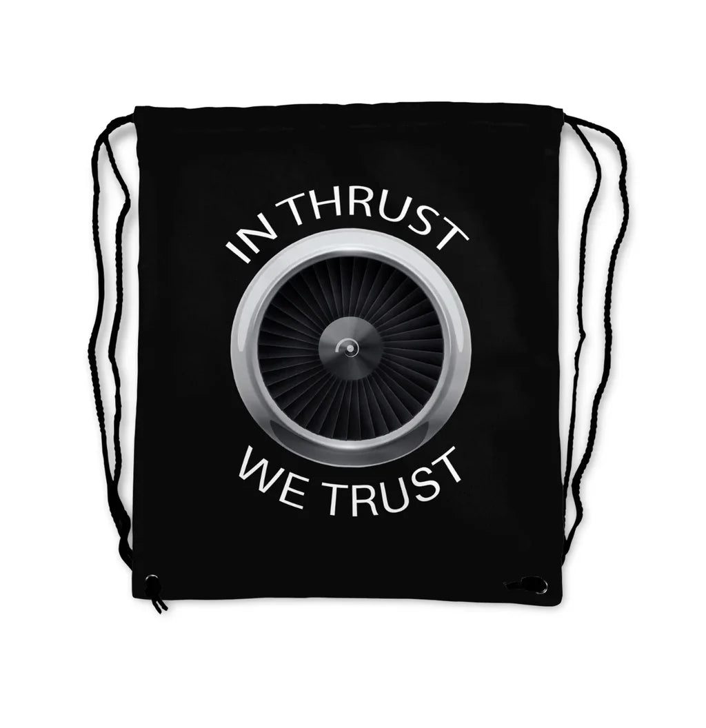 In Thrust We Trust aviation design drawstring bag, lightweight polyester construction.