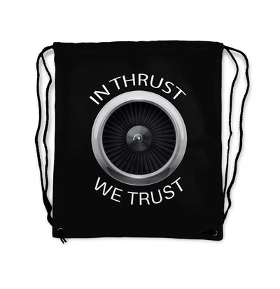 In Thrust We Trust aviation design drawstring bag, lightweight polyester construction.