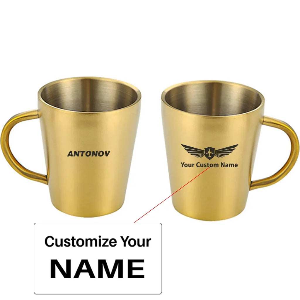 Antonov & Text aviation design on stainless coffee mug, durable stainless steel construction.