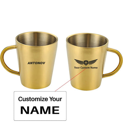 Antonov & Text aviation design on stainless coffee mug, durable stainless steel construction.