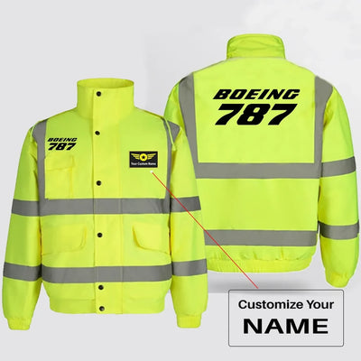 Boeing 787 & Text aviation design printed on insulated shell with high-visibility reflective panels reflective winter jacket.