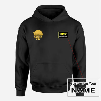 Retro Boeing 737 aviation design on soft cotton blend men's hoodie with small chest logo.