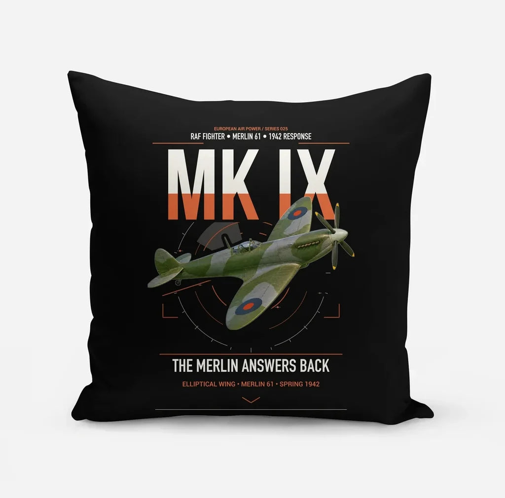 Supermarine Spitfire Mk IX design on black pillow