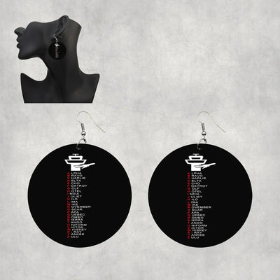 Aviation Alphabet aviation drop earrings, wood with metal hooks body with engraved detail.