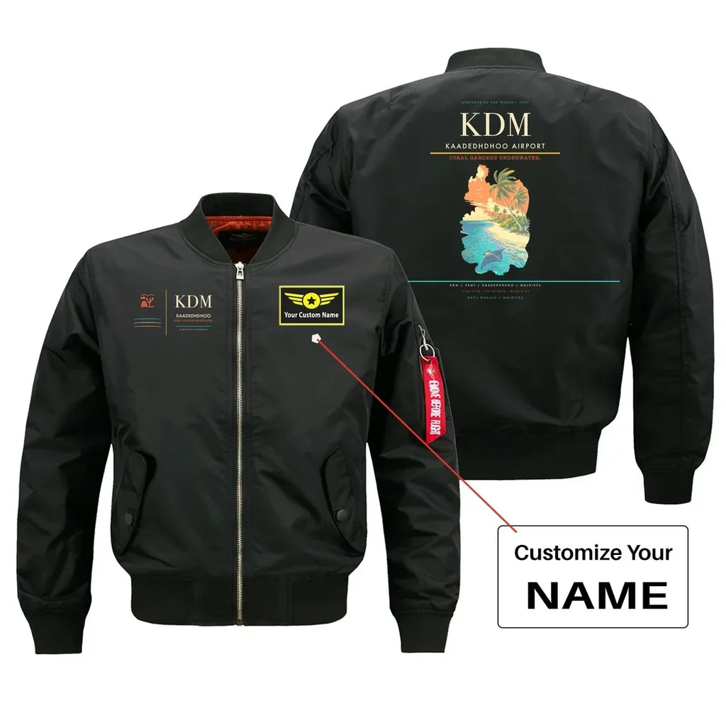 Kaadedhdhoo Airport (KDM) design on black bomber jacket with custom name patch