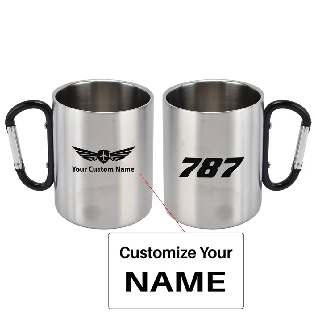 Boeing 787 Flat Text aviation design on outdoor mug, durable insulated construction.