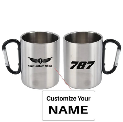 Boeing 787 Flat Text aviation design on outdoor mug, durable insulated construction.