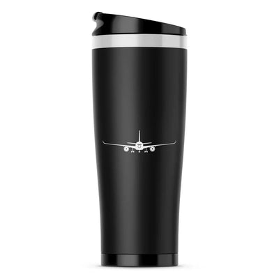 Airbus A350 Silhouette aviation design on travel mug no-holder, insulated double-wall.