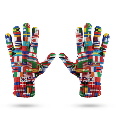 World Flags aviation design on soft knit fabric gloves.