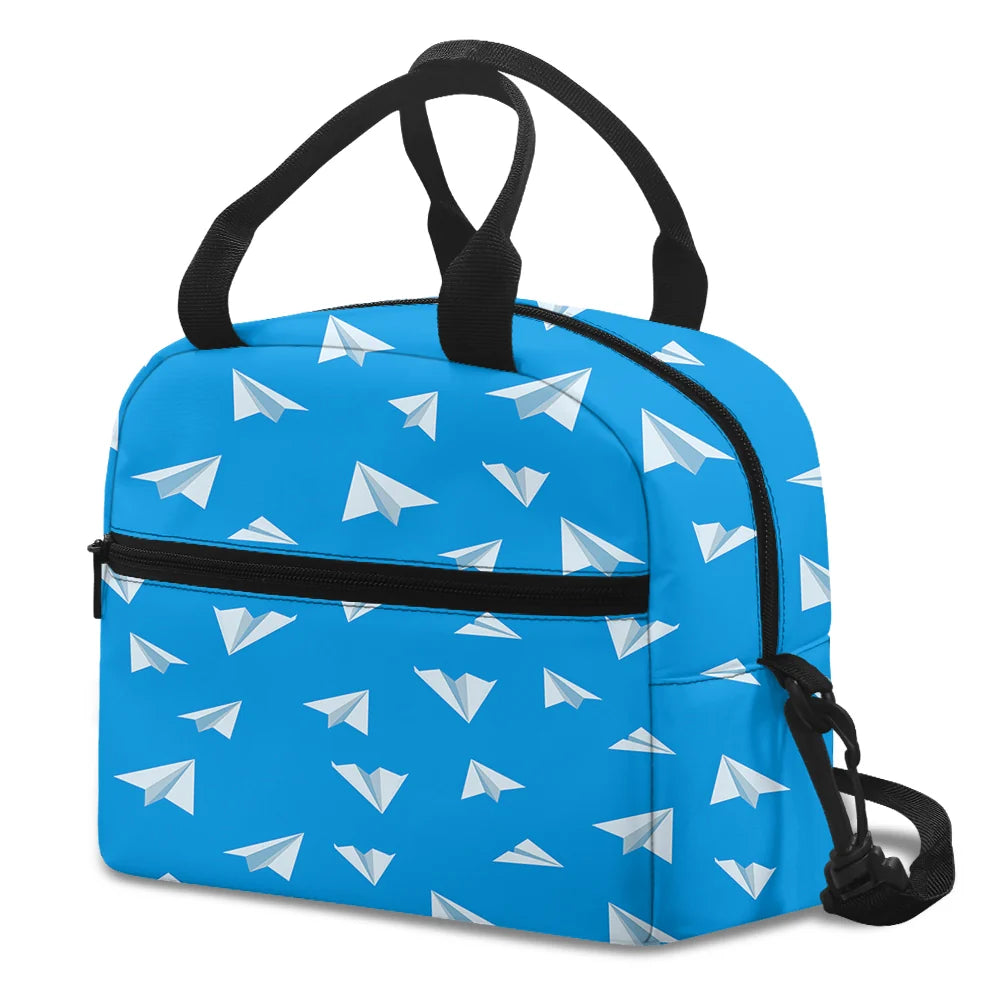 Paper Airplanes (Blue) aviation print lunch bag, insulated polyester.
