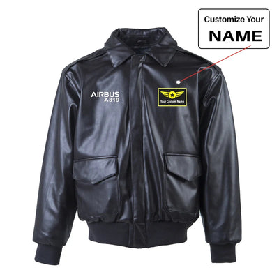Airbus A319 & Text Leather Bomber Jackets (NO Fur) aviation design printed on genuine leather with quilted lining leather bomber.
