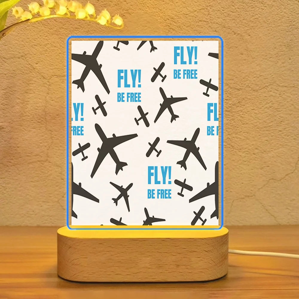 Fly Be Free White aviation design on premium acrylic with LED night lamp.
