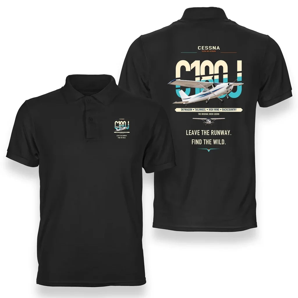 Cessna 180J Skywagon design on black double-side polo t-shirt, double-side print