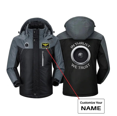 In Thrust We Trust aviation design printed on heavyweight insulated shell thick winter jacket.