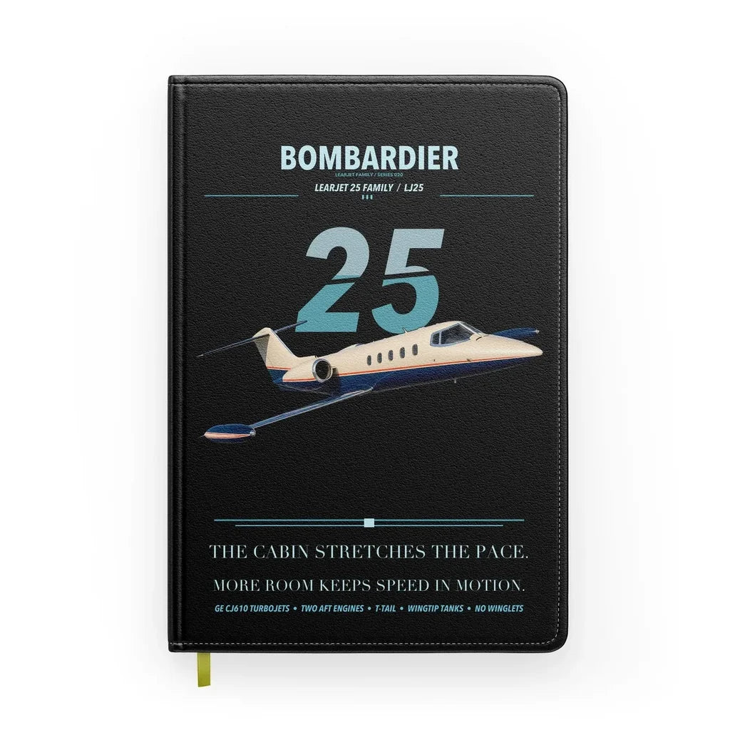Bombardier Learjet 25 design on black notebook