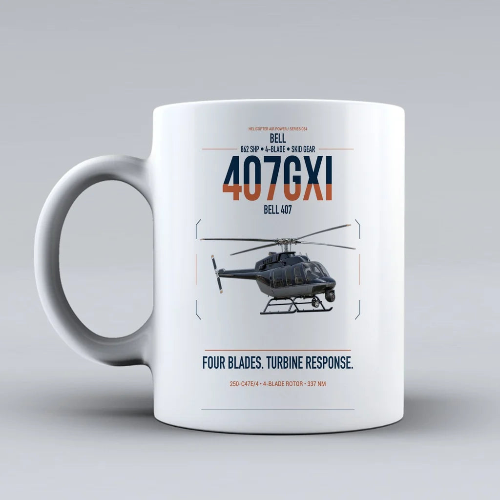 Bell 407GXi design on white ceramic mug, double-side print