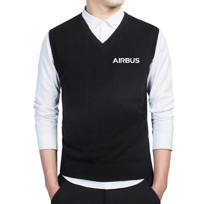 Airbus & Text Sweater aviation design printed on soft knit with sleeveless v-neck sweater vest.