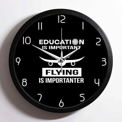 Flying is Importanter aviation design on premium wood and metal wall clock.