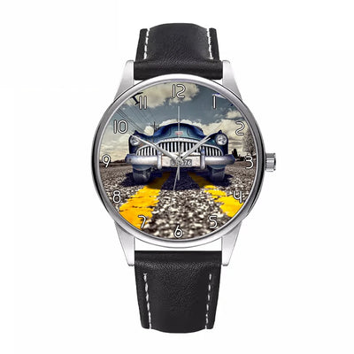Old Car and Planes aviation-themed watch with leather strap, polished leather strap.
