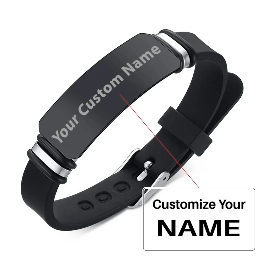 Side view of Your Custom Design Text Design Men's Stainless Steel Curved Silicone aviation bracelet in polished metal, polish.