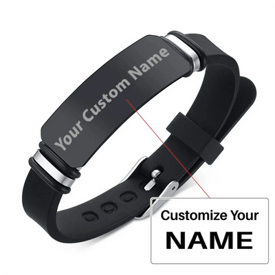 Side view of Your Custom Design Text Design Men's Stainless Steel Curved Silicone aviation bracelet in polished metal, polish.