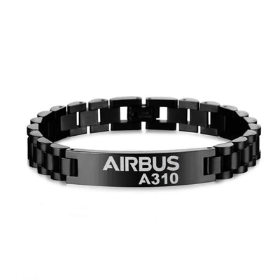 Airbus A310 & Text aviation chain bracelet, stainless steel body with engraved detail.