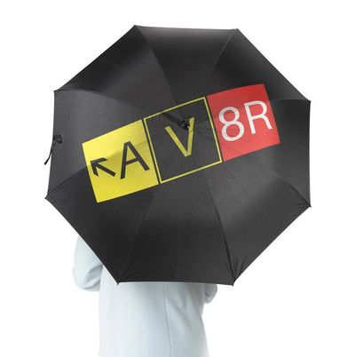AV8R aviation design on windproof polyester umbrella.