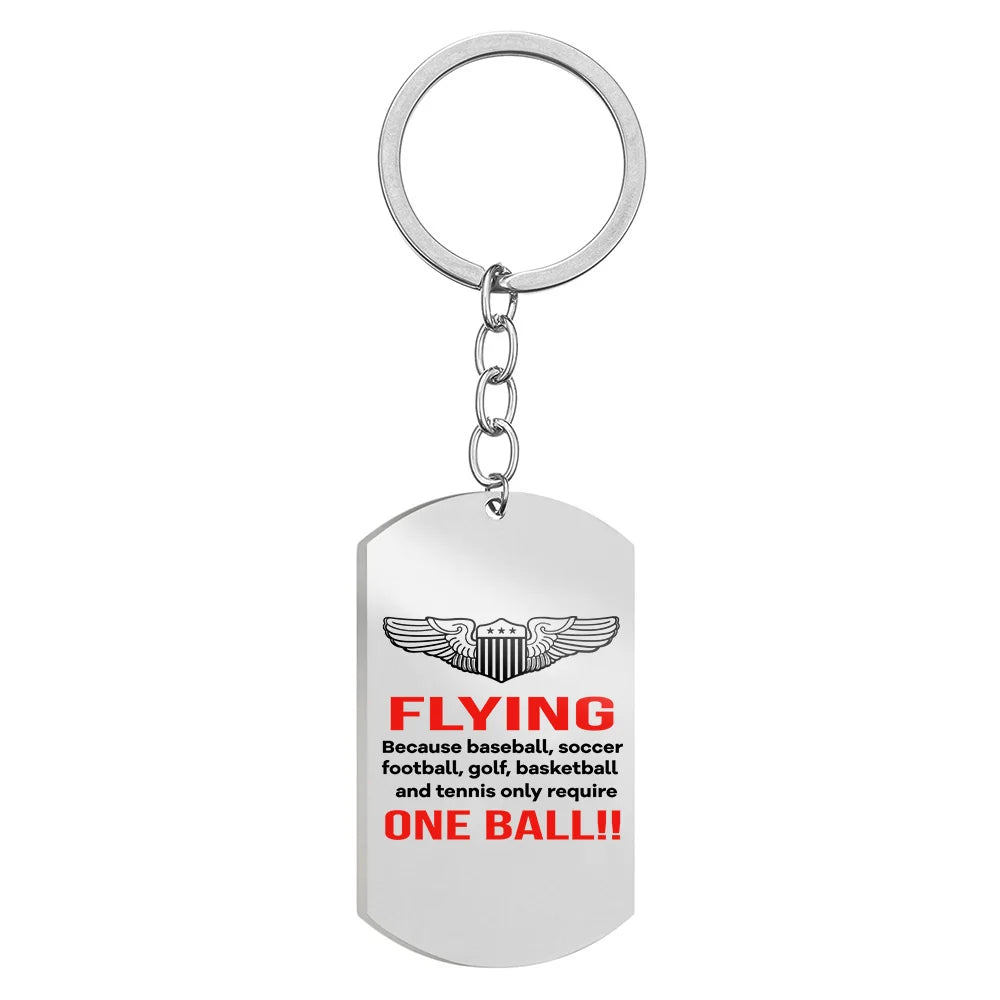 Side view of Flying One Ball Stainless Steel Key Chains (Double Side) aviation double-side stainless steel key chain in stain.