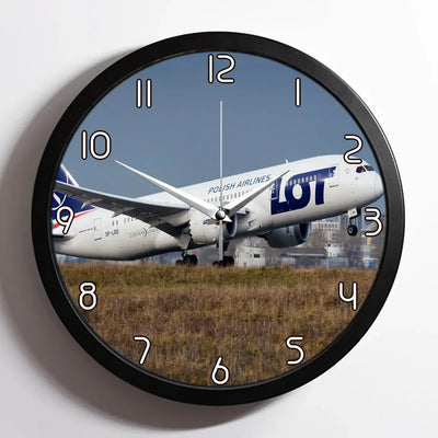 LOT Polish Airlines Boeing 787 aviation design on premium wood and metal wall clock.