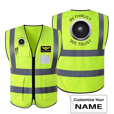 In Thrust We Trust aviation design printed on high-visibility reflective fabric reflective vest.