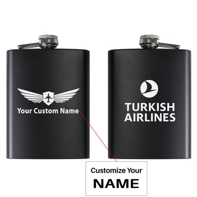 Turkish Airlines aviation design on stainless hip flask, compact pocket-size flask.
