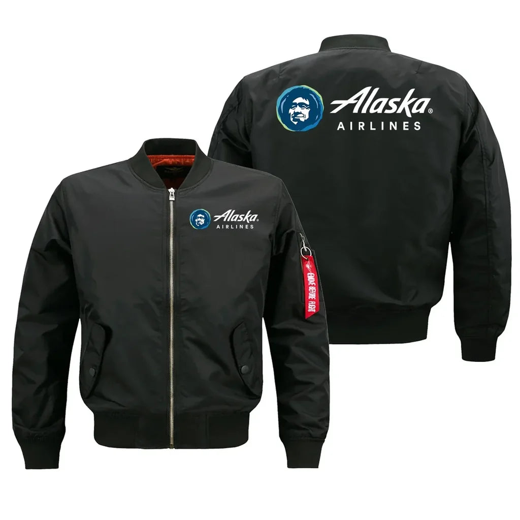 Alaska Airlines logo on black bomber jacket