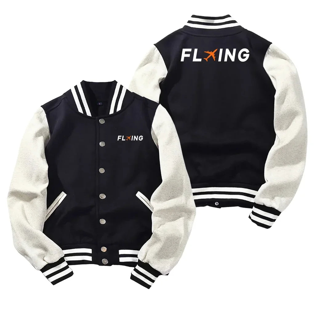 Flying Baseball Style aviation design printed on two-tone shell with ribbed cuffs baseball jacket.