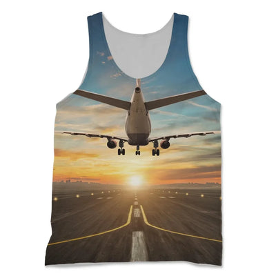 Airplane over Runway Towards the Sunrise aviation design on breathable cotton 3D-printed tank top.