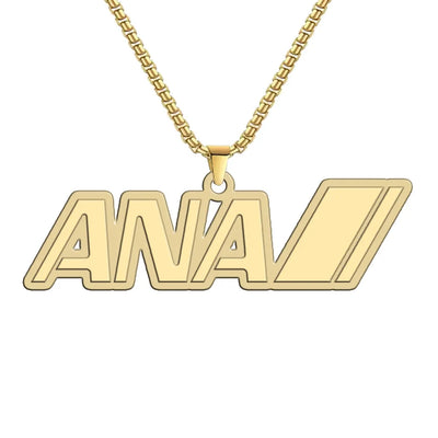 Side view of All Nippon Airways aviation hollow necklace in polished metal, polished finish.