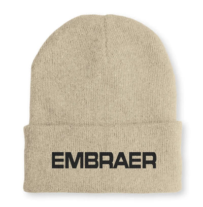 Embraer & Text Embroidered aviation embroidery on soft knit fabric beanie.