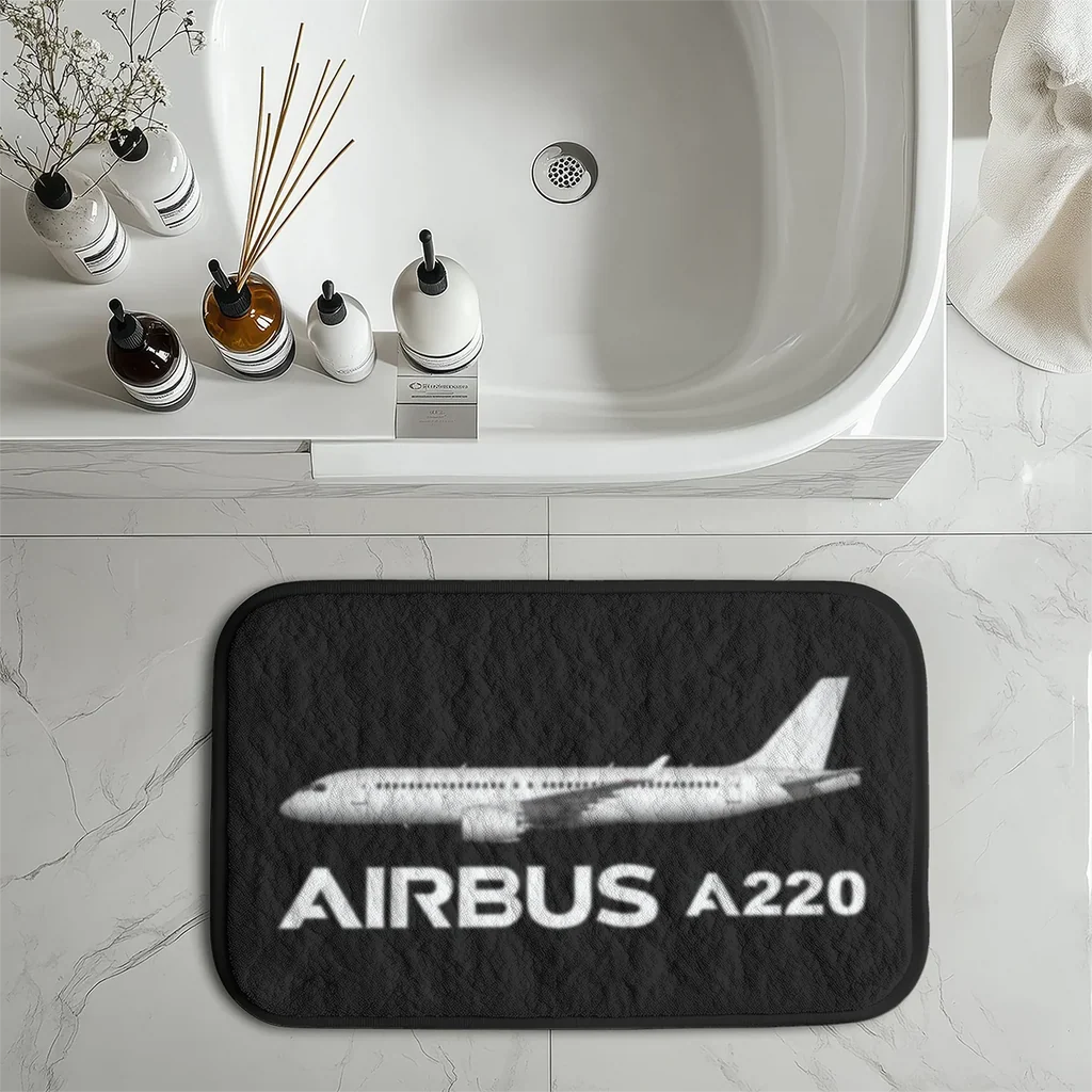 The Airbus A220 aviation design on soft absorbent fabric with non-slip backing bath mat.