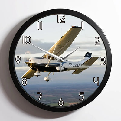 Cruising Cessna aviation design on premium wood and metal wall clock.