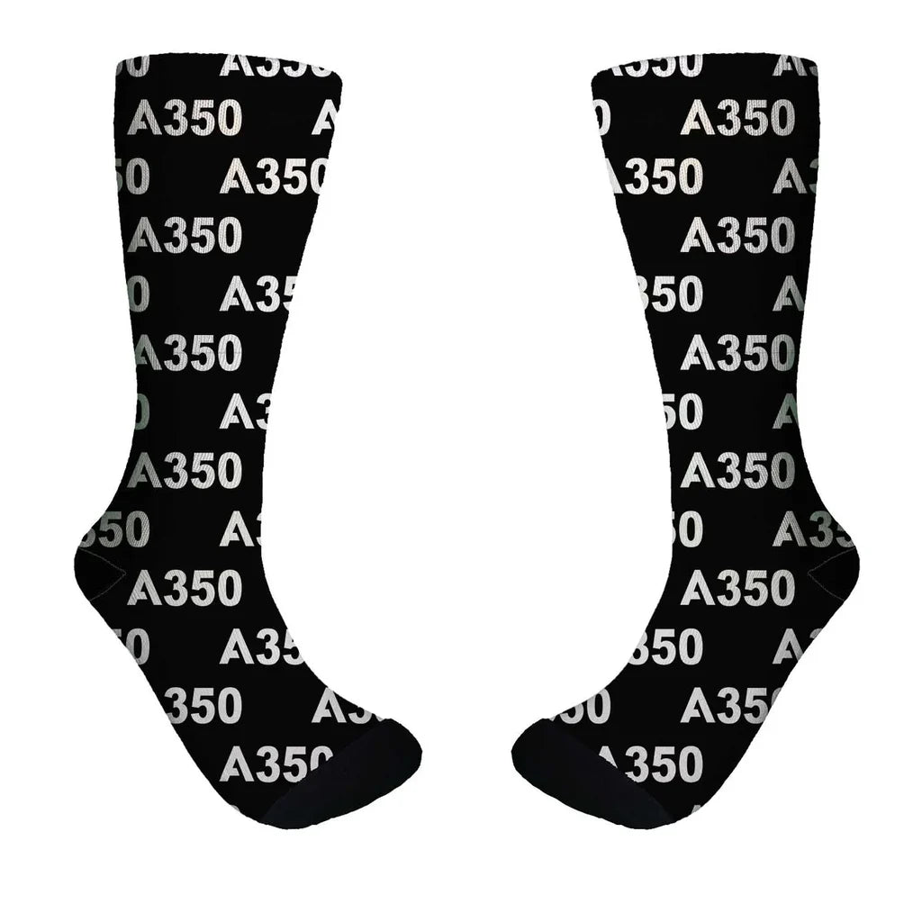 Airbus A350 Flat Text aviation design on soft cotton blend socks.