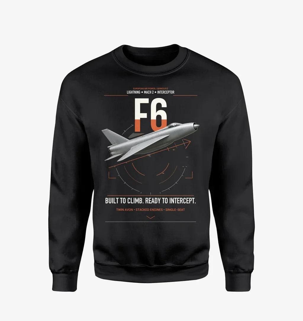 English Electric Lightning F6 design on black sweatshirt